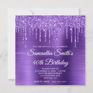 Amethyst Glitter Drips and Foil 40th Birthday Invitation