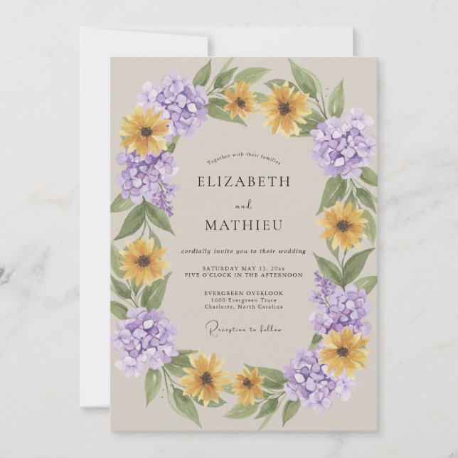 Amethyst Gold Sunflower Eucalyptus Wedding Invitation (Front)