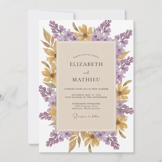 Amethyst Gold Wildflower Wedding Invitation (Front)