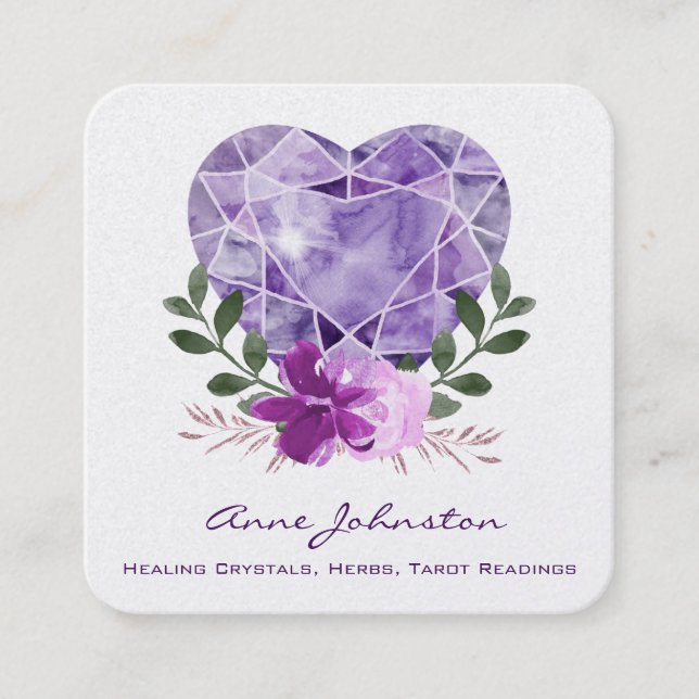 Amethyst Heart Flowers Square Business Card (Front)