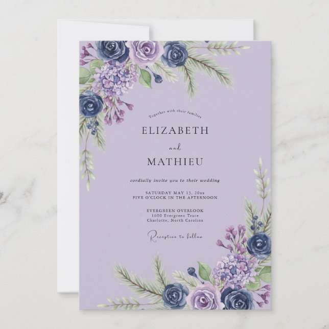 Amethyst Indigo Foliage Eucalyptus Wedding Invitation (Front)