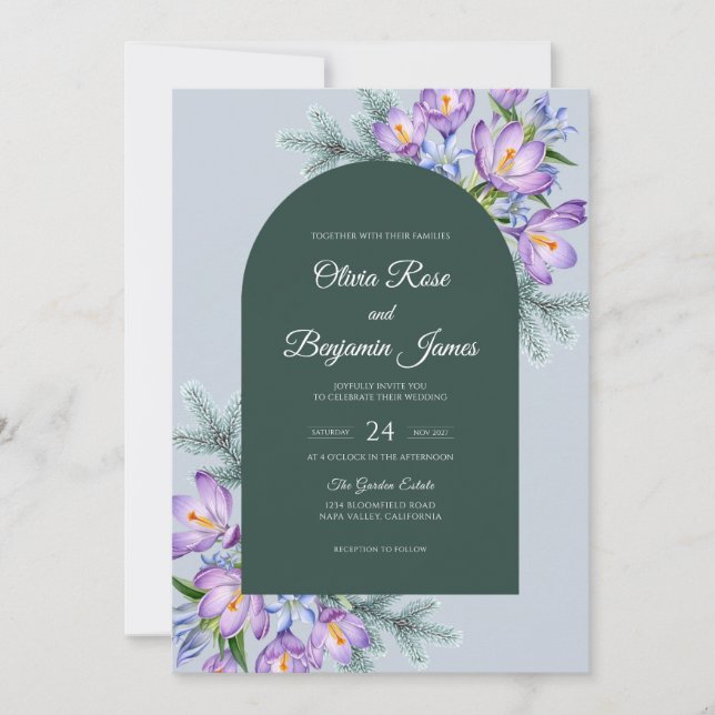 Amethyst Iris Emerald Eucalyptus Wedding Invitation (Front)