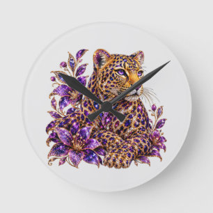 Amethyst Jewel Leopard Art Round Clock