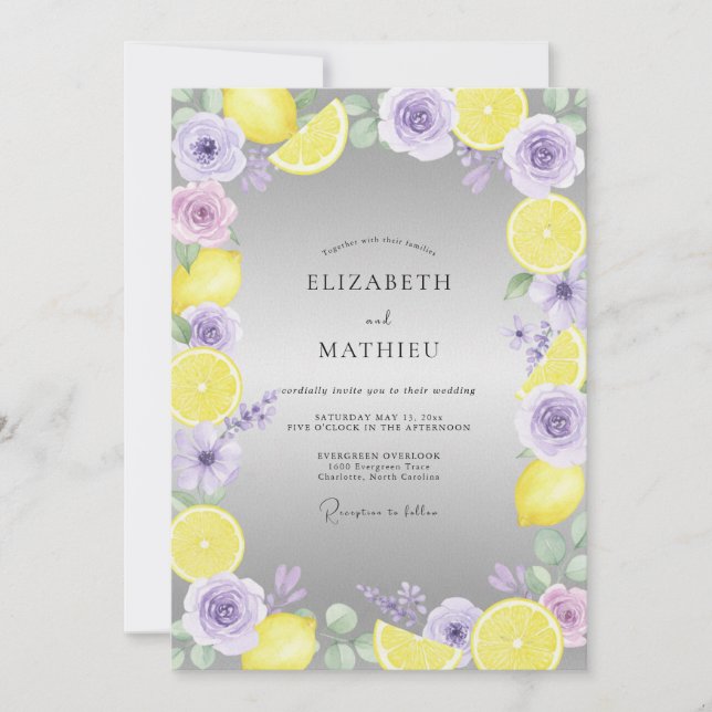 Amethyst Lemon Fruit Eucalyptus Wedding Invitation (Front)