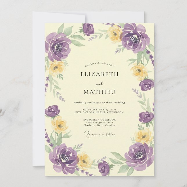Amethyst Lemon Ranunculus Eucalyptus Wedding Invitation (Front)