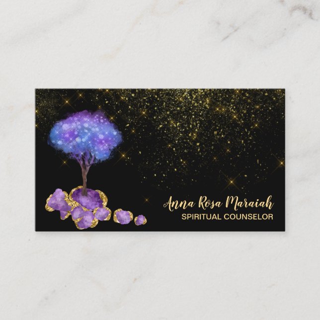 *~* Amethyst Magical Jewels Tree Gold Glitter  Business Card (Front)