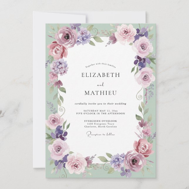 Amethyst Mint Foliage Grey Eucalyptus Wedding Invitation (Front)