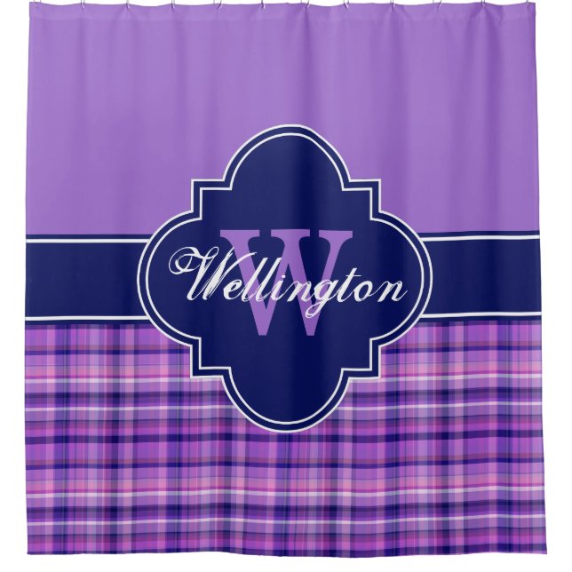 Amethyst Navy Blue Madras Plaid 1I CB Ribbon Name Shower Curtain (Front)