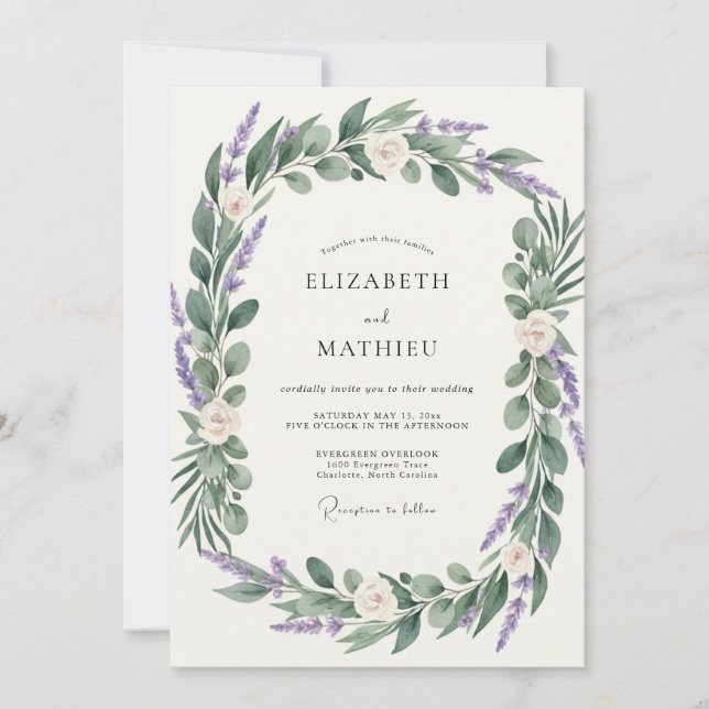 Amethyst Olive Wreath Wedding Invitation (Front)
