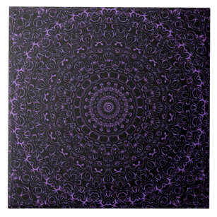 Amethyst on Black Mandala Kaleidoscope Medallion Tile