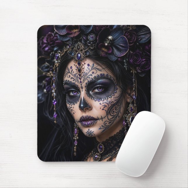 Amethyst Orchid Calavera – Gothic Sugar Skull Mouse Mat (With Mouse)