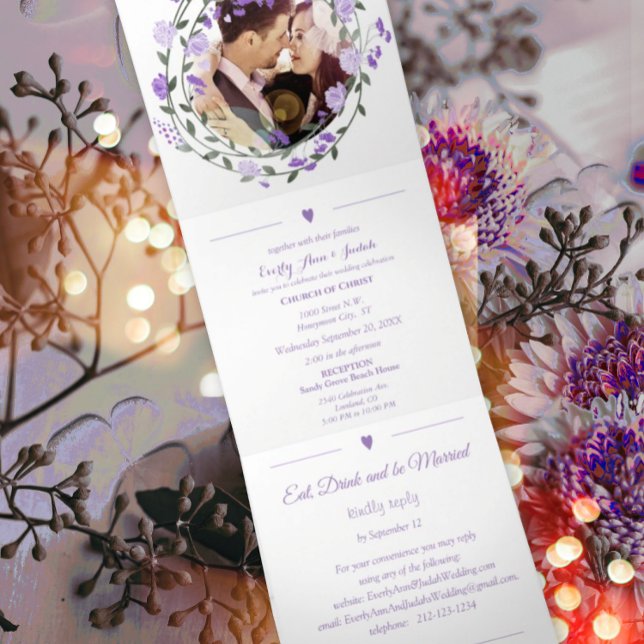 Amethyst Orchid Purple Lilac Peony Floral Wedding Tri-Fold Invitation (Creator Uploaded)