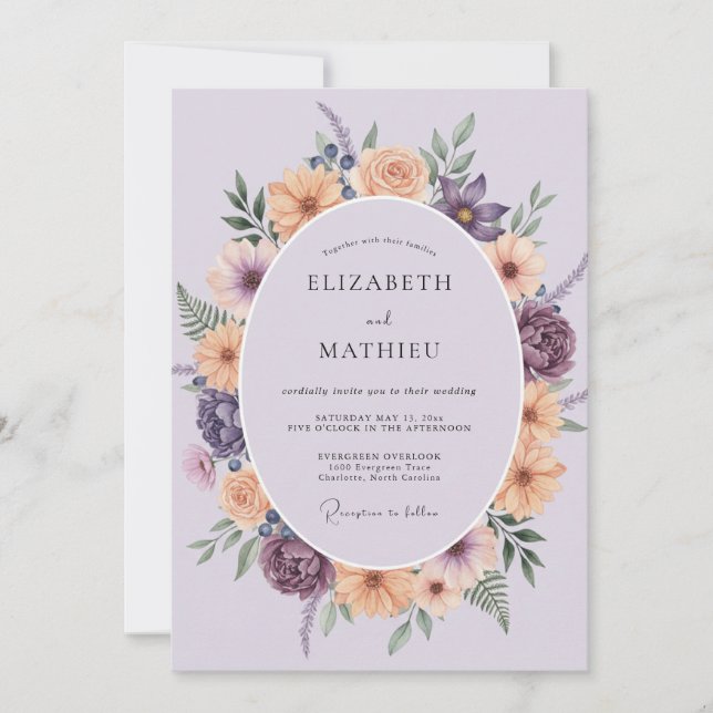 Amethyst Peach Wreath Wedding Invitation (Front)