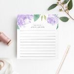 Amethyst Peony | Personalised Lined Notepad<br><div class="desc">Chic floral notepad features a top border of watercolor peony flowers in lavender purple with lush green leaves. Personalise with two lines of custom text in modern lettering; shown with the French greeting "bonjour" and your name. Lined.</div>