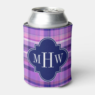 Amethyst Pink Navy Wht Preppy Madras Monogram Can Cooler