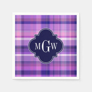 Amethyst Pink Navy Wht Preppy Madras Monogram Napkin
