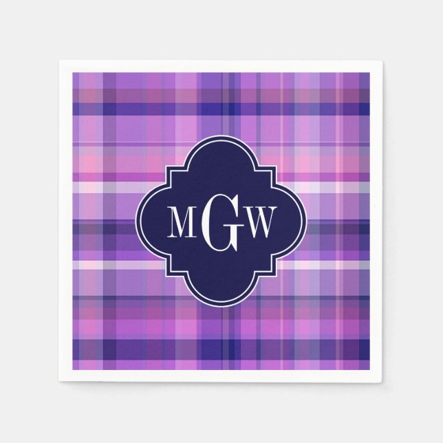 Amethyst Pink Navy Wht Preppy Madras Monogram Napkin (Front)
