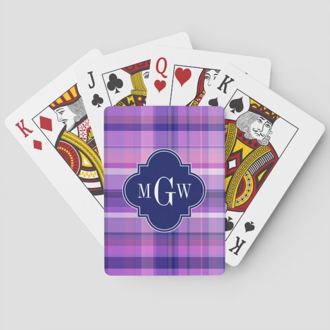 Amethyst Pink Navy Wht Preppy Madras Monogram Playing Cards (Back)