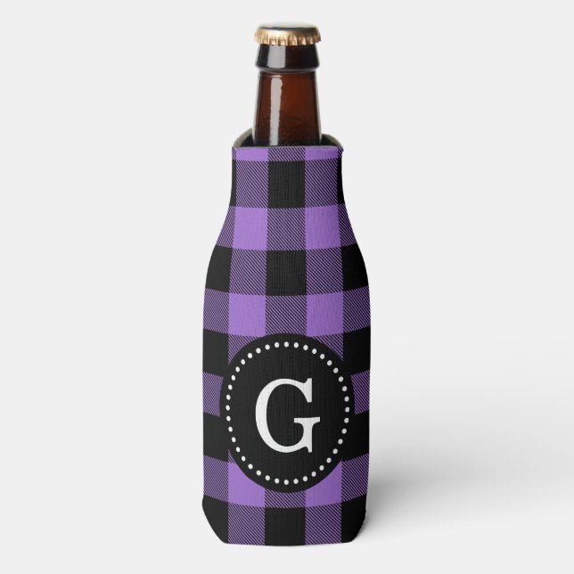 Amethyst Purple Bk Buffalo Check Plaid 1I Monogram Bottle Cooler (Bottle Front)