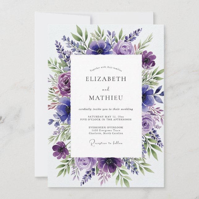 Amethyst Purple Botanical Spring Wedding Invitation (Front)