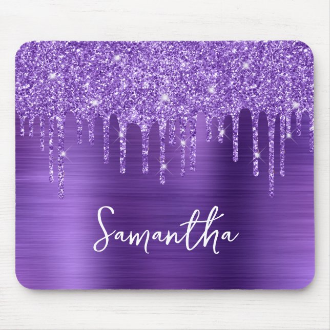 Amethyst Purple Dripping Glitter Glam Name Mouse Mat (Front)