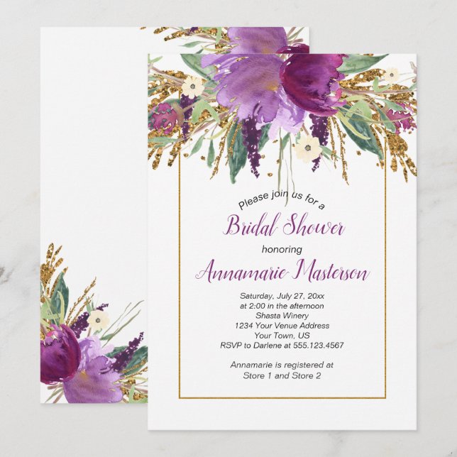Amethyst Purple Gold Glitter Floral Bridal Shower Invitation (Front/Back)