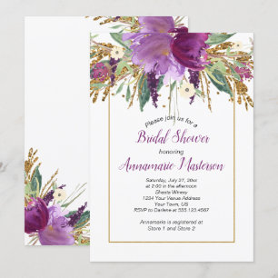 Amethyst Purple Gold Glitter Floral Bridal Shower Invitation