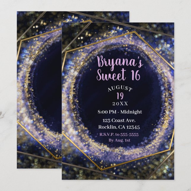 Amethyst Purple Gold Modern Abstract Glam Sweet 16 Invitation (Front/Back)