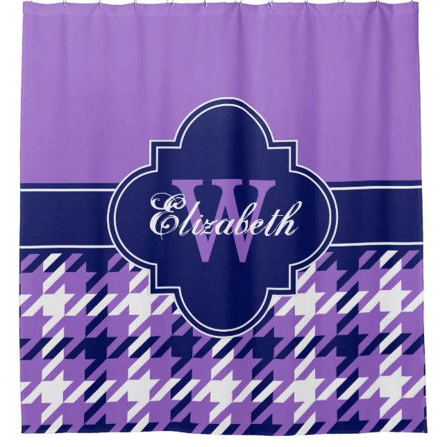 Amethyst Purple Navy Blue Wht 1I CB Ribbon Name Shower Curtain (Front)