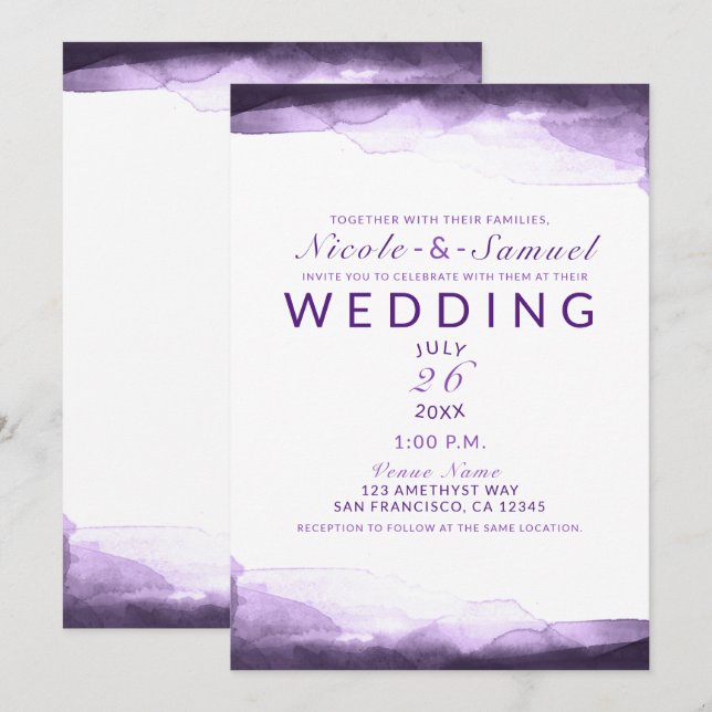 Amethyst Purple Plum Watercolor Modern Wedding Invitation (Front/Back)