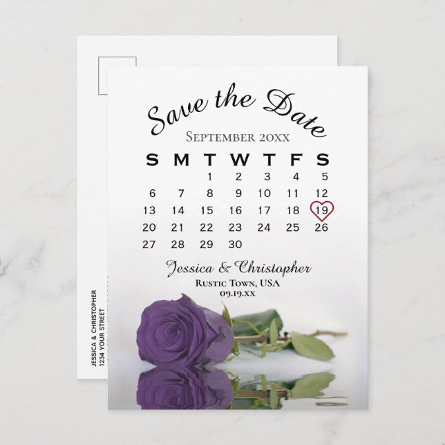 Amethyst Purple Rose Calendar Save the Date Announcement Postcard (Front/Back)