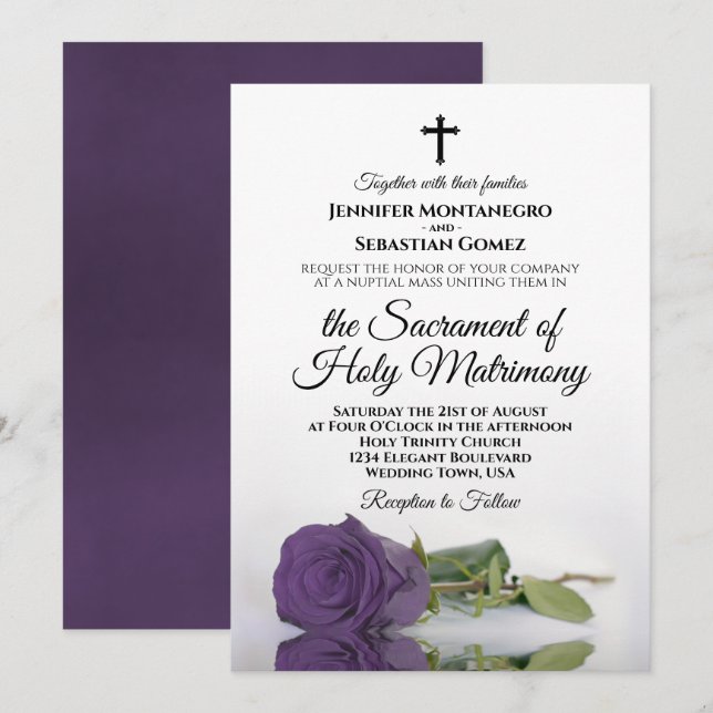 Amethyst Purple Rose Chic Modern Catholic Wedding Invitation (Front/Back)