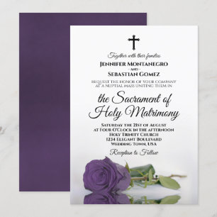 Amethyst Purple Rose Chic Modern Catholic Wedding Invitation