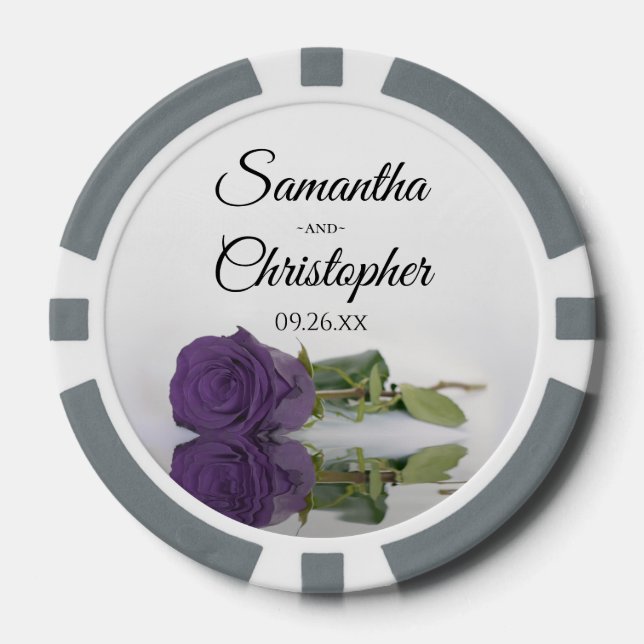 Amethyst Purple Rose Couple's Names & Wedding Date Poker Chips (Front)
