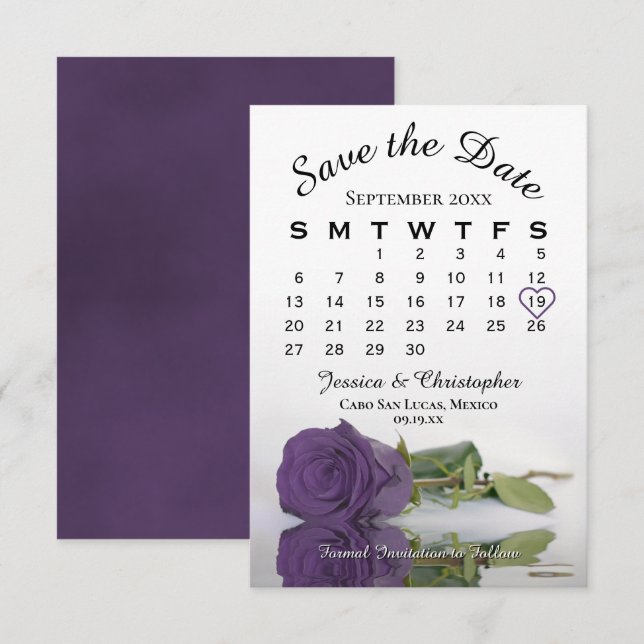 Amethyst Purple Rose Elegant Wedding Calendar Save The Date (Front/Back)