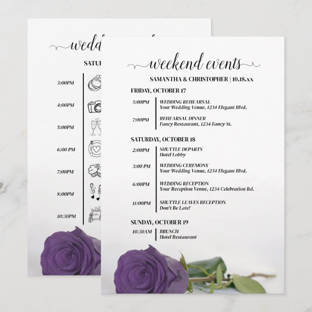 Amethyst Purple Rose Wedding Events & Timeline Programme (Front/Back)