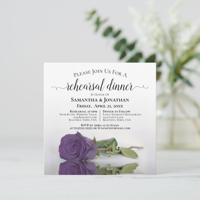 Amethyst Purple Rose Wedding Rehearsal & Dinner Invitation (Standing Front)