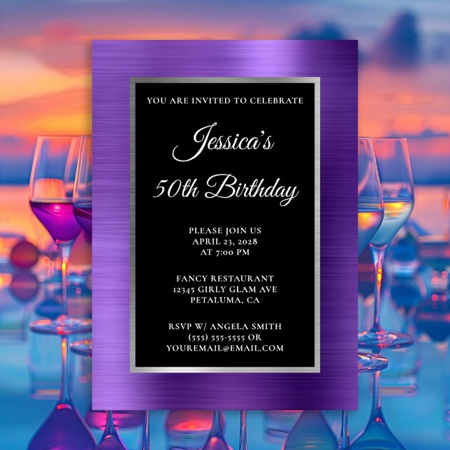 Amethyst Purple Silver Foil Black 50th Birthday Invitation (Amethyst Purple Silver and Black Any Year Birthday Invitation)