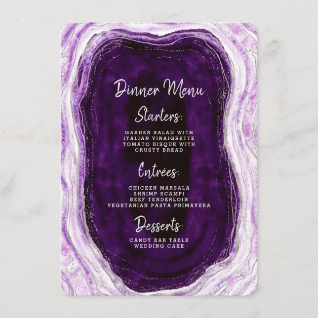 Amethyst Purple & Silver Geode Agate Marble Dinner Menu (Front)