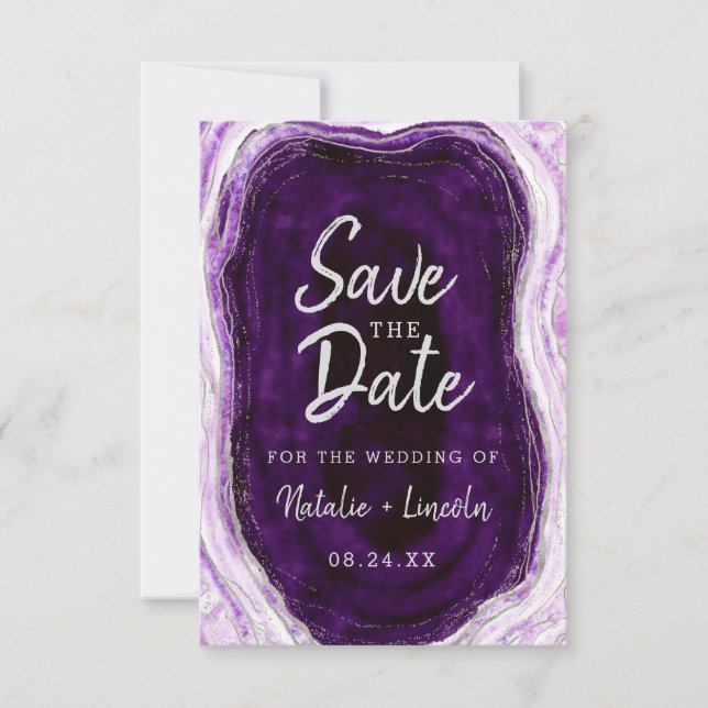 Amethyst Purple & Silver Geode Agate Marble Modern Save The Date (Front)
