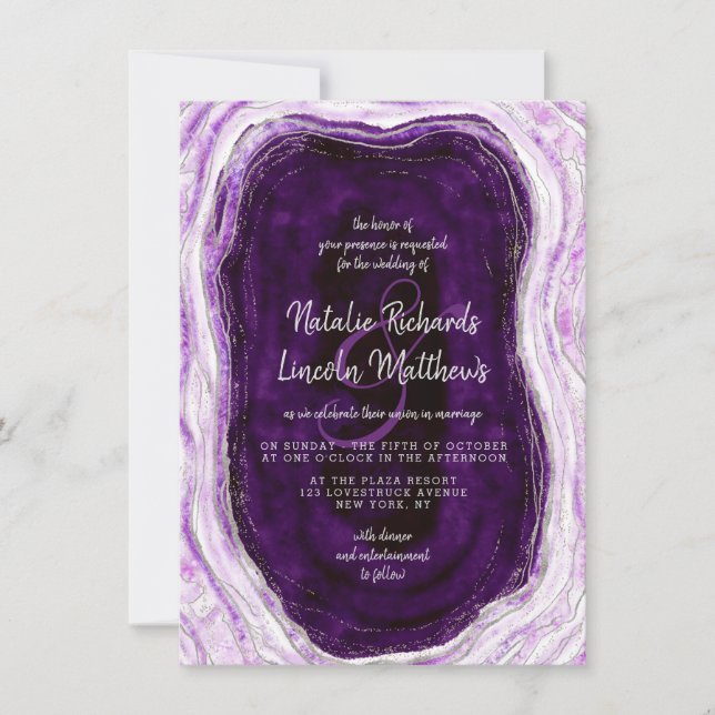 Amethyst Purple & Silver Geode Agate Slice Wedding Invitation (Front)