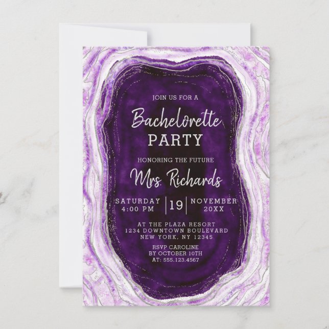 Amethyst Purple & Silver Geode Bachelorette Party Invitation (Front)