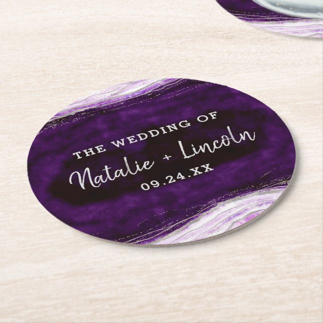 Amethyst Purple & Silver Geode Slice Monogram Round Paper Coaster (Angled)