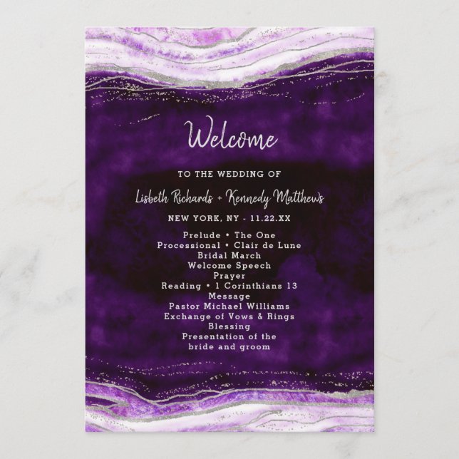 Amethyst Purple & Silver Geode Wedding Ceremony Programme (Front)