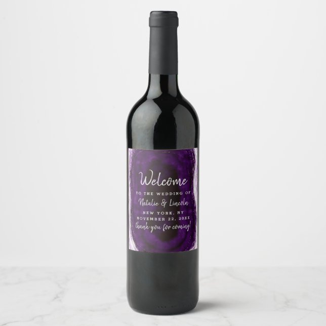 Amethyst Purple & Silver Geode Wedding Welcome Wine Label (Front)