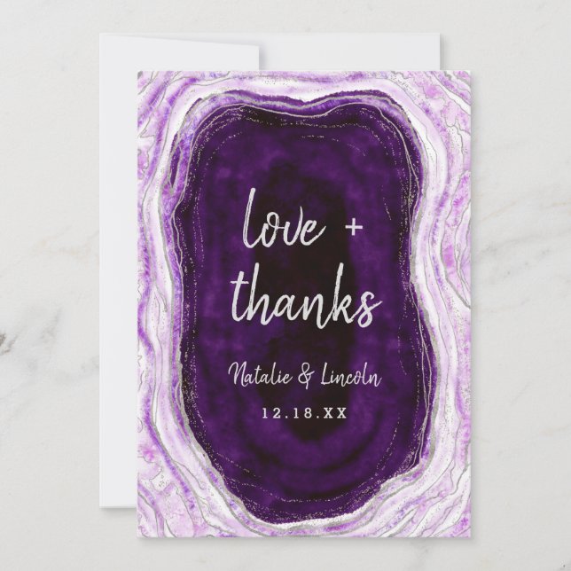 Amethyst Purple & Silver Wedding Love and Thanks Thank You Card (Front)