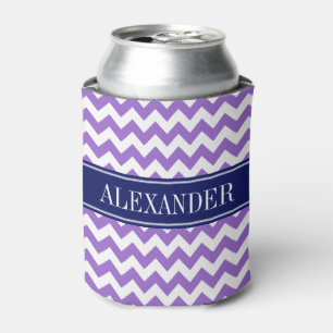 Amethyst Purple White Chevron Navy Name Monogram Can Cooler