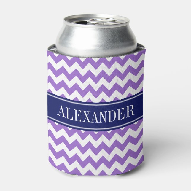 Amethyst Purple White Chevron Navy Name Monogram Can Cooler (Can Front)