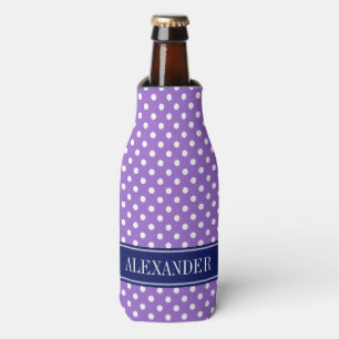 Amethyst Purple Wht Polka Dots Navy Name Monogram Bottle Cooler