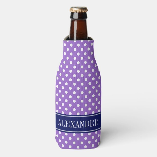 Amethyst Purple Wht Polka Dots Navy Name Monogram Bottle Cooler (Bottle Front)